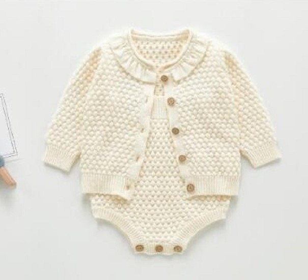 Strikket sweater og bodysuit til piger L1168 cremefarvet 12-24 måneder