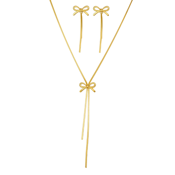 Strikvormige roestvrijstalen ketting 47+5 cm en oorbellen 6.4 cm Franse sfeer Fijne strik Dames sieradenset goud