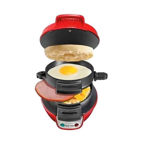 Stroj na burgery a snídaňové sendviče s příkonem 600 W a nepřilnavým povrchem o rozměrech 18 x 16,5 x 14,5 cm v červené barvě s kontrolkami 1