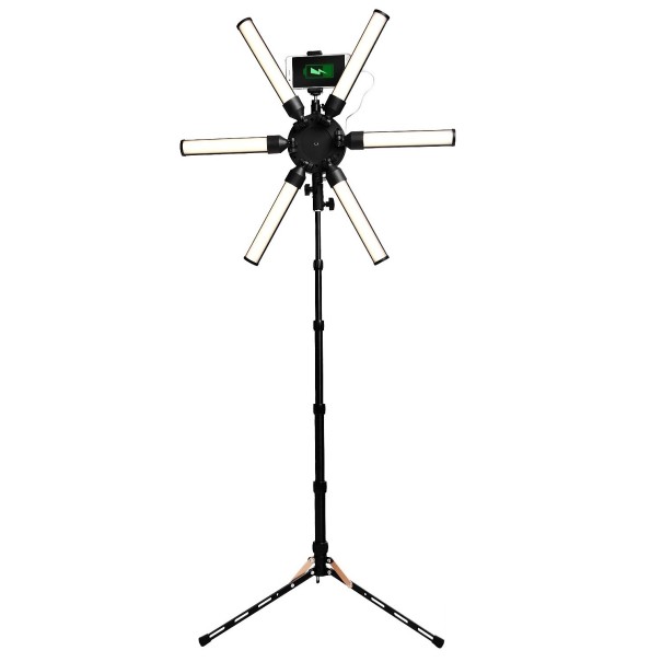 Studioljus med 288 dioder Stjärnform med 6 armar Stativ och telefonhållare Temperatur 3200–5600 K Effekt 60 W För foto och video 1