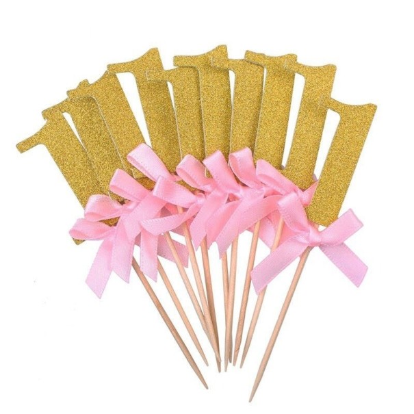 Stuzzicadenti per compleanno 1 anno rosa 10 pz oro