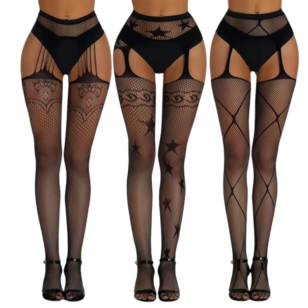 Styliga strumpbyxor med strumpebands-effekt och nätmönster universell storlek 150–185 cm nylon elastan svarta för bärande 1