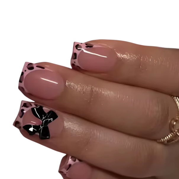 Styling unghiilor cu motiv de eleganță sălbatică 12 dimensiuni Aspect realist Design franțuzesc Model leopard cu fundițe 3D 1