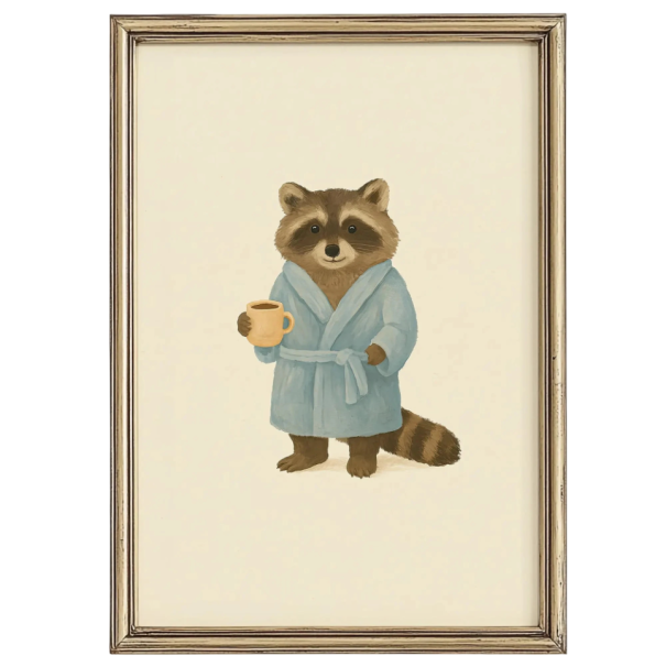 Stylish Wall Poster Raccoon in a Bathrobe with a Mug 30 x 40 cm Canvas Print Soft Poster Unframed Bathroom Decoration 1