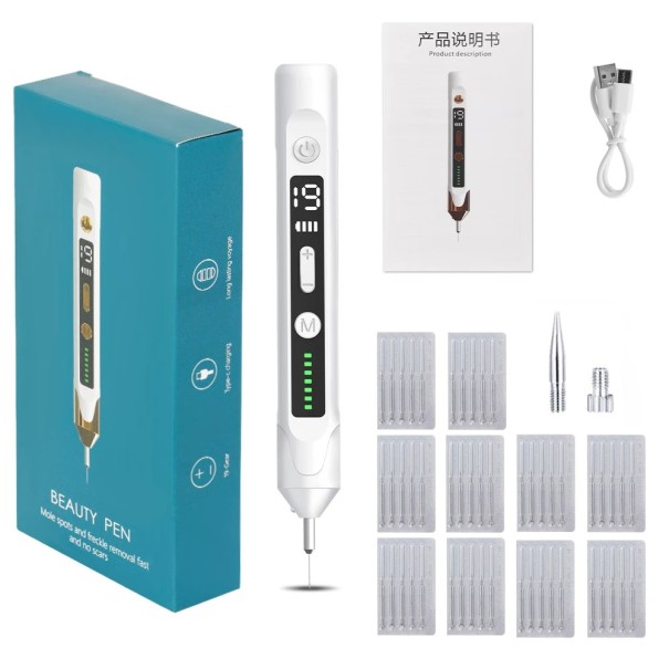 Stylo plasma laser pour l'élimination des imperfections cutanées 19 niveaux 177x23x22 mm Verrues Taches de rousseur Grain de beauté Technologie ionique électronique Chargement USB 50 aiguilles de rechange blanc