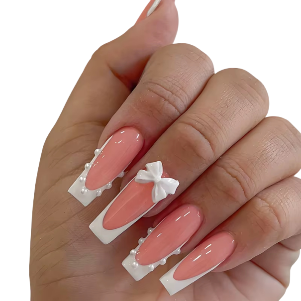 Stylový set 24 ks dlouhých hranatých nehtů s francouzskou manikúrou a mašličkami Pilník Lepidlo Elegantní DIY sada pro ženy 1