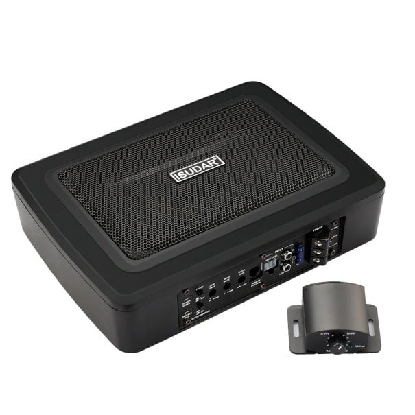 Subwoofer do auta pod sedadlo Plochý aktivní basový reproduktor RMS 150 W Napájení 12 V S regulátorem a kabeláží Černý Pro osobní auta 1