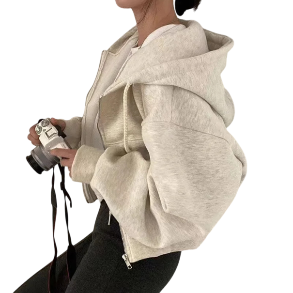 Sudadera de mujer con cremallera, capucha y bolsillos Sudadera cómoda de un solo color hecha de suave poliéster para uso diario y tiempo libre beige XL