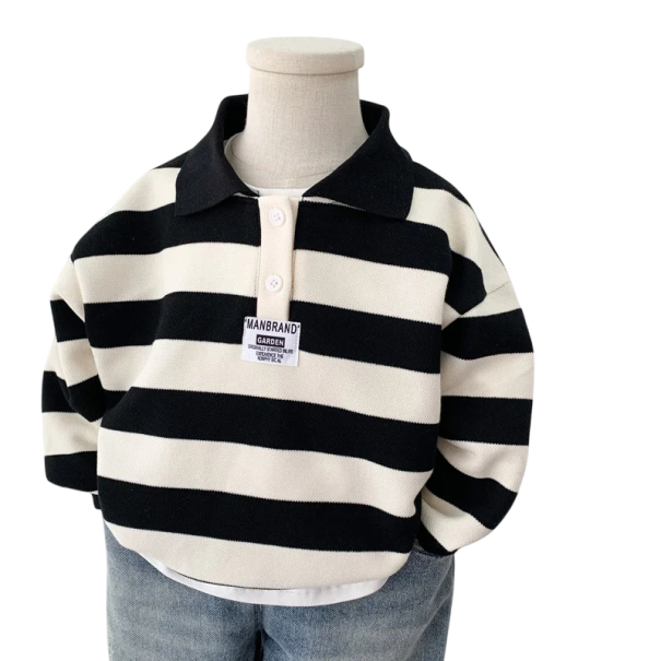 Sudadera de rayas para niños con cuello de botones Algodón y poliéster Top blanco y negro de manga larga Suéter de moda de primavera para niños y niñas 3