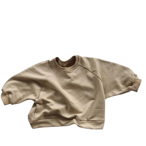 Sudadera infantil de manga larga Algodón y poliéster Suéter de un solo color con cuello redondo Corte holgado para niños y niñas Top casual Varios colores beige 5