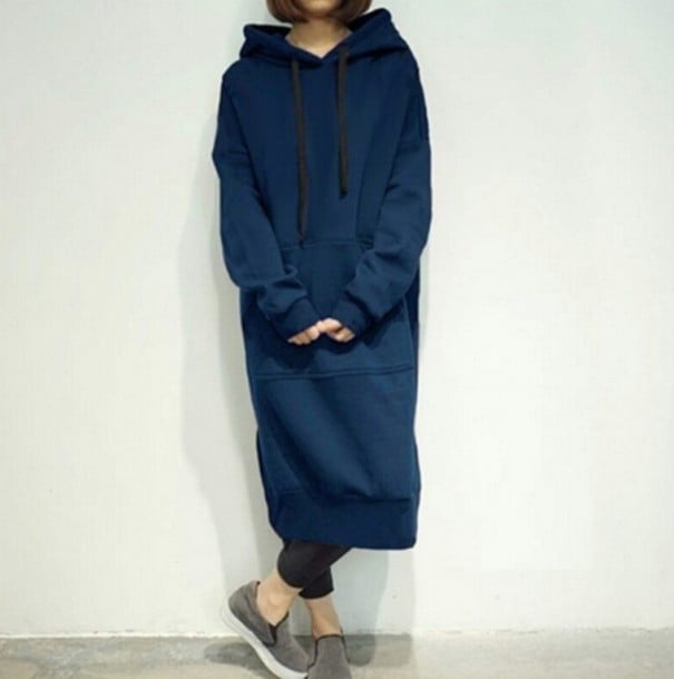 Sudadera larga para mujer con capucha Corte holgado y prolongado Bolsillo tipo canguro Aberturas laterales Puños y dobladillo azul oscuro M