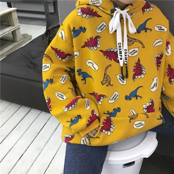Sudadera oversize de mujer con capucha Impresión a todo color de dinosaurios y burbujas de cómic Bolsillo canguro Cuerdas ajustables amarillo