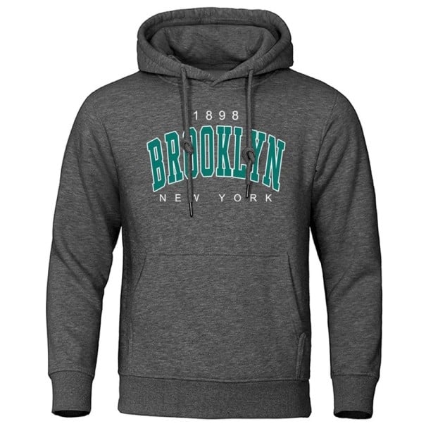 Sudadera para hombre con capucha y bolsillos Sudadera deportiva de un solo color con un suave logo de Brooklyn en el pecho Material gris oscuro L