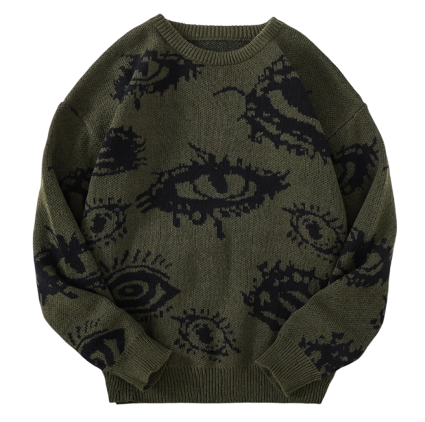 Suéter de hombre con cuello redondo Suéter de punto de un solo color con patrón abstracto de ojo Manga larga Suéter de otoño e invierno elegante Poliéster verde M