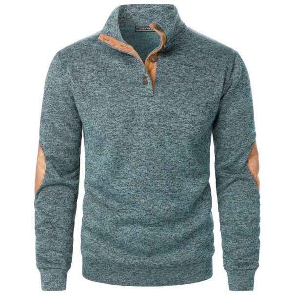 Suéter de hombre con manga larga y cuello Suéter elegante de un solo color con botones en el cuello Parche marrón en los codos Poliéster Varios colores turquesa XL