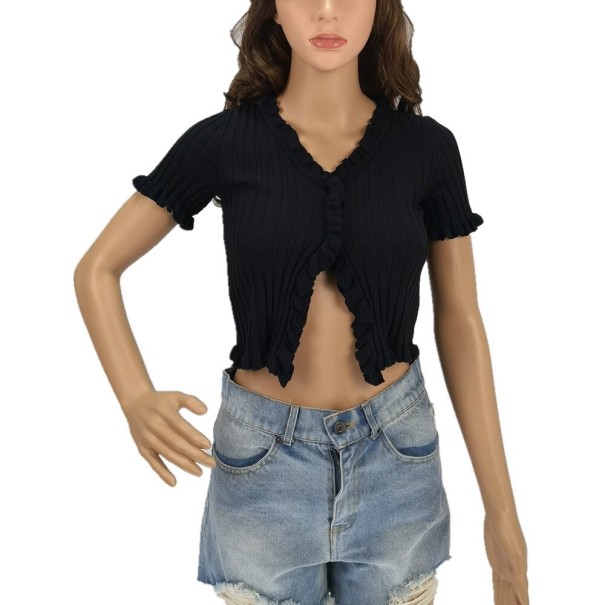 Suéter de malha feminino com volantes preto