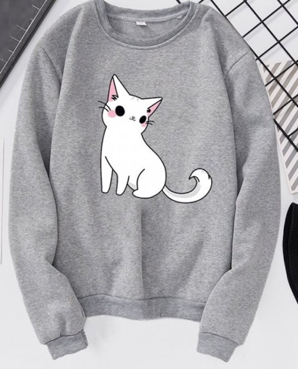 Suéter de mujer con estampado de gato gris S