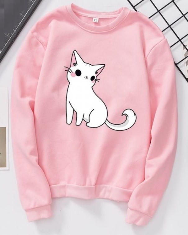 Suéter de mujer con estampado de gato rosa M