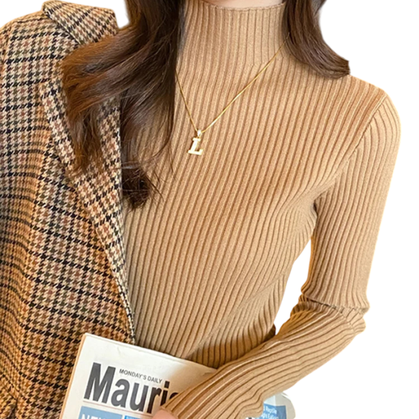 Suéter de mujer de punto con cuello alto de algodón y acrílico Suéter elegante de un solo color con mangas largas Talla universal para otoño e invierno crema