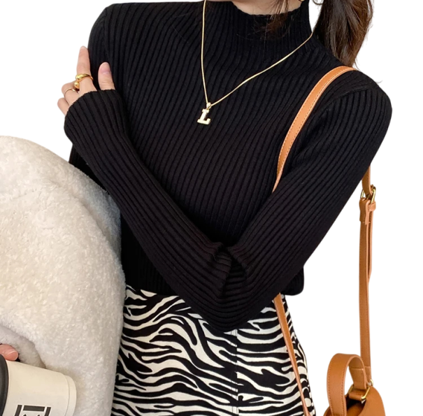 Suéter de mujer de punto con cuello alto de algodón y acrílico Suéter elegante de un solo color con mangas largas Talla universal para otoño negro