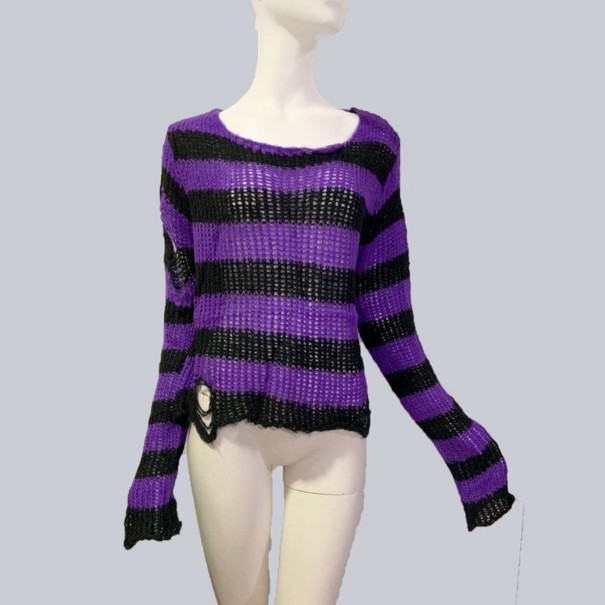 Suéter de mujer de rayas con rotos morado