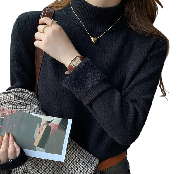 Suéter feminino quente com gola alta e forro de pelúcia Algodão e acrílico Suéter de inverno de uma só cor com mangas longas Tamanho universal preto