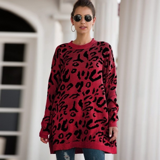 Suéter largo de mujer con estampado de leopardo rojo XL