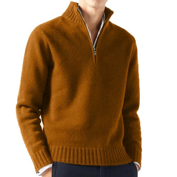 Suéter para hombre con cuello alto y cremallera de media longitud Suéter de punto de un solo color con escote en V Suéter elegante marrón S