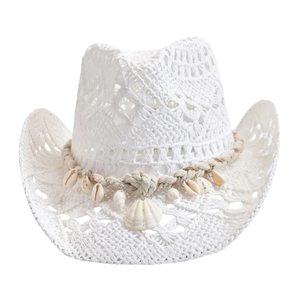 Summer Straw Hat for Women Handwoven Beach Hat 56–58 cm Shell Decoration Sun Protection Brim 8 cm Height 12 cm white