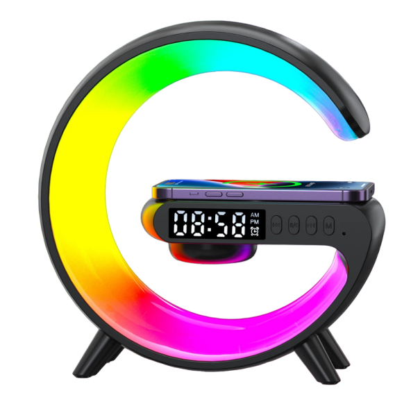 Suport de încărcare wireless multifuncțional pentru mobil cu lumina LED colorată, difuzor bluetooth și ceas deșteptător Suport mini wireless negru