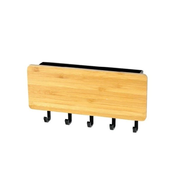 Suport de perete pentru chei cu cârlige 18x3x9,5 cm din lemn de bambus și construcție ABS+PC pentru suspendarea cheilor în hol negru