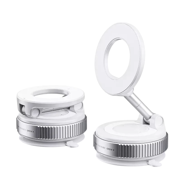 Suport magnetic pentru telefon rotativ la 360°, pliabil și extensibil, din material ABS, cu ventuză, inel magnetic pentru bord alb