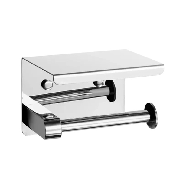 Suport pentru hârtie igienică 14 x 10 cm, din oțel inoxidabil, fără găurire, suport de perete cu raft pentru telefon, suport pentru prosoape de hârtie, accesorii pentru baie argint
