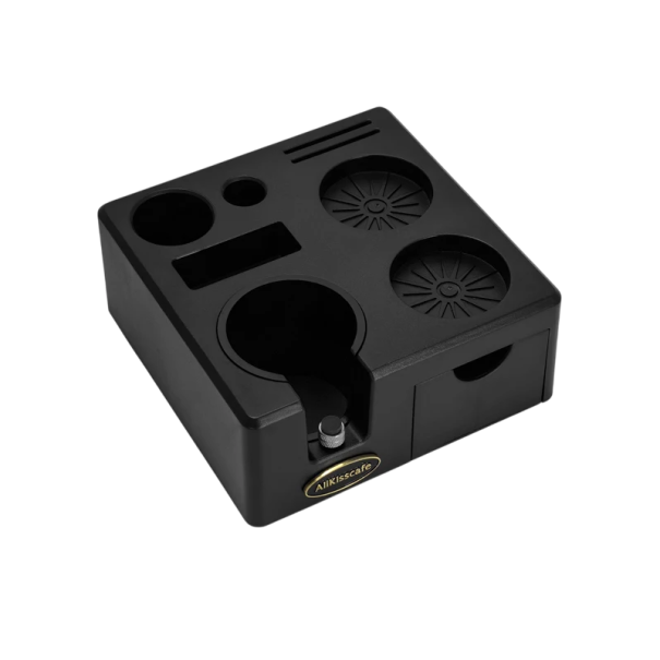 Suport pentru tamper și portafiltru cu compartiment pentru filtre și perii 57 mm din plastic ABS cu sertar Organizator pentru accesorii de cafea negru