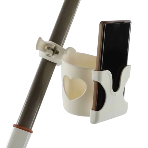 Suporte 2 em 1 para bebida e telefone para carrinho Suporte plástico universal 8,5 cm Braço ajustável 360° Suporte rotativo para copo e móvel branco
