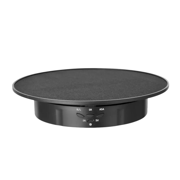 Suporte de apresentação rotativo motorizado 360° diâmetro 20 cm Superfície texturizada Roda de rotação Alimentação por cabo Suporte expositivo para produtos preto