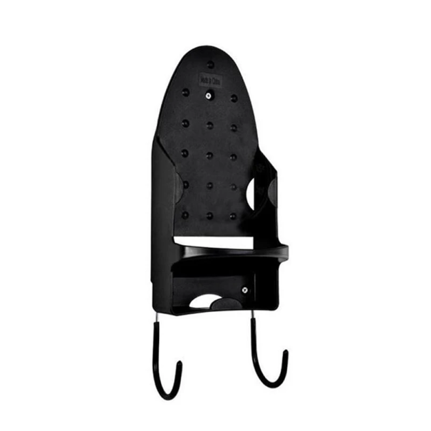 Suporte de parede para ferro de engomar 13,3 x 29,4 cm Organizador portátil com 2 ganchos de aço para acessórios Suporte resistente em plástico preto