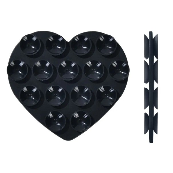Suporte de silicone adesivo em forma de coração 7 x 6,5 cm Suporte para telemóvel para carro Escritório e casa Suporte decorativo preto