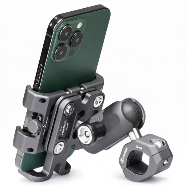 Suporte de telefone para moto e bicicleta com amortecedor de vibrações Cabeça esférica 360° Para telefones de 5,5–7 polegadas Guidões de 22–32 mm 1