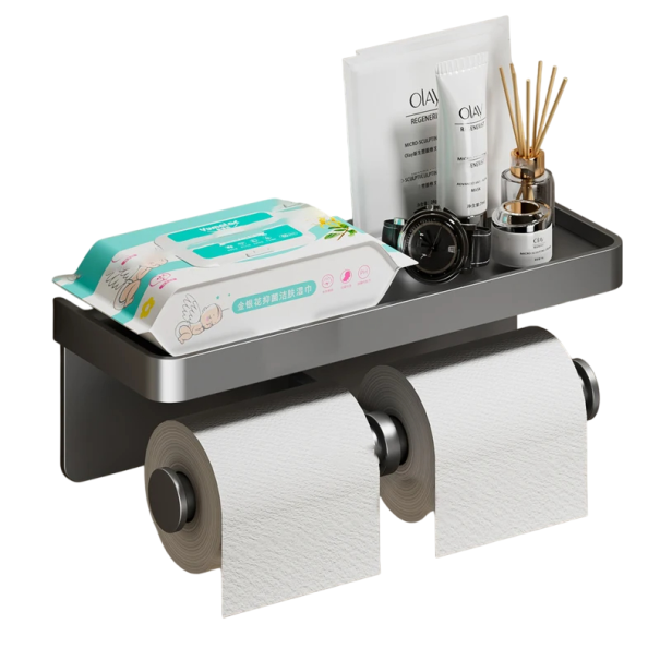 Suporte duplo para papel higiénico em liga de alumínio Sem perfuração Suporte de parede para casa de banho e cozinha Montagem autocolante cinzento