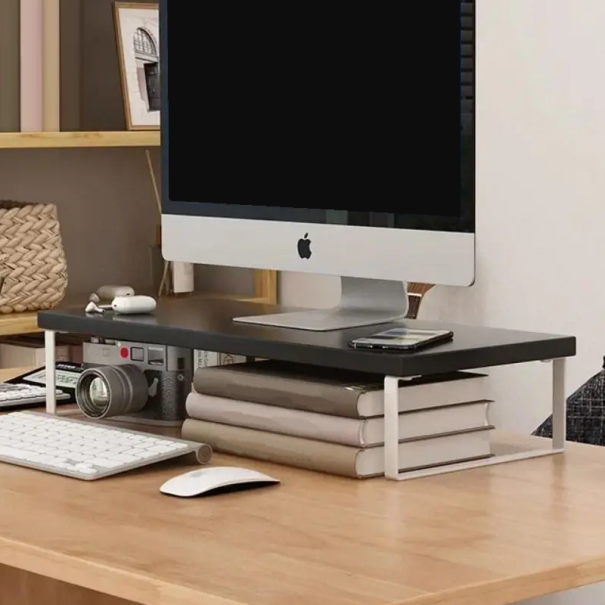 Suporte elevado para monitor 40 x 20 x 8 cm Base metálica e tábua de madeira Almofada ergonómica para computador Espaço de armazenamento na mesa preto