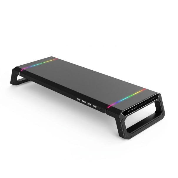 Suporte para monitor 55 x 7,5 cm com gaveta de armazenamento e suporte para telefone com iluminação RGB e portas USB prateleira preta para mesa 1