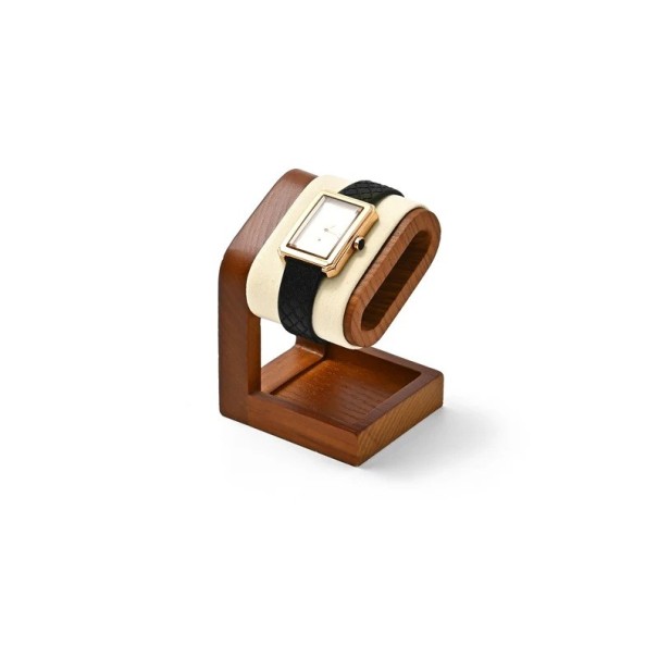 Suporte para relógios 6,5 × 5,9 × 9 cm suporte de madeira com almofada de pele sintética para exibição de relógios creme
