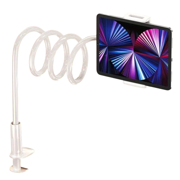 Suporte para tablet com clip para mesa 70 cm Braço flexível tipo ganso Universal para tablets 4,7–11" Suporte ajustável para leitura e visualização branco