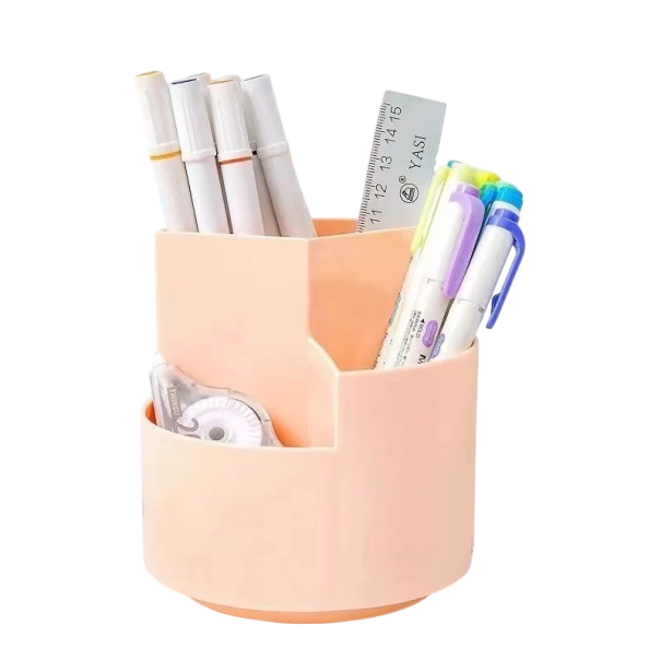Suporte rotativo para canetas 12x12x8x5,5 cm Caixa de arrumação pêssego com 3 compartimentos Organizador de mesa para pincéis de maquilhagem Material 1