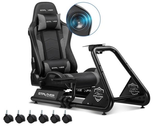 Support avec siège pour volant de jeu réglable 130×55×107 cm avec haut-parleurs et étagère pour pédales pour simulateurs de course gris