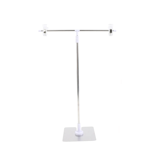 Support de toile de fond en forme de T en métal, hauteur 48,5-77,5 cm, largeur 31,5 cm, avec pinces en plastique pour accessoires, arrière-plans 1