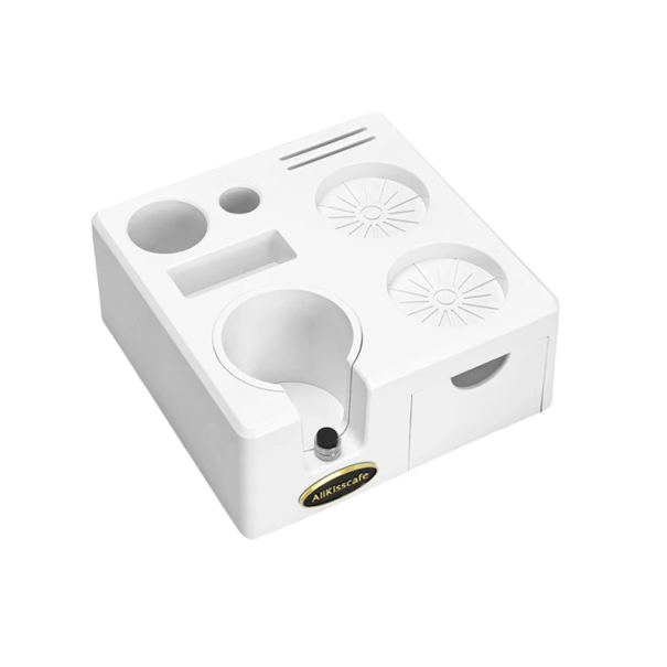 Support pour tamper et portafilter avec compartiment pour filtres et brosses 57 mm en plastique ABS avec tiroir Organisateur pour accessoires blanc