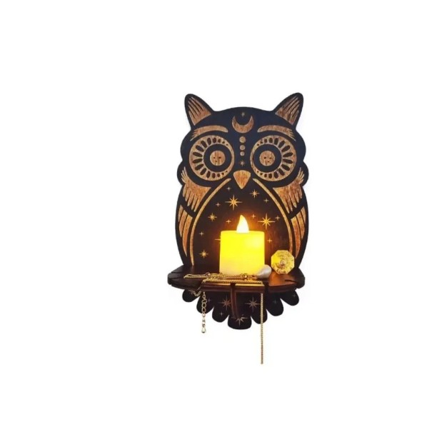Supporto da parete decorativo per candela 21,5 x 12 cm Mensola in legno a forma di gufo Decorazione murale mistica 1