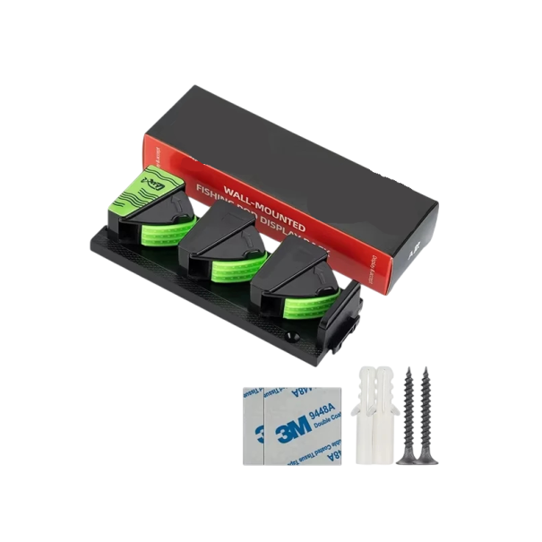 Supporto da parete per canne da pesca 3 sloti 14,5 × 5 × 3,1 cm plastica gomma UV nero verde supporto con colla 3M per riporre le canne 1